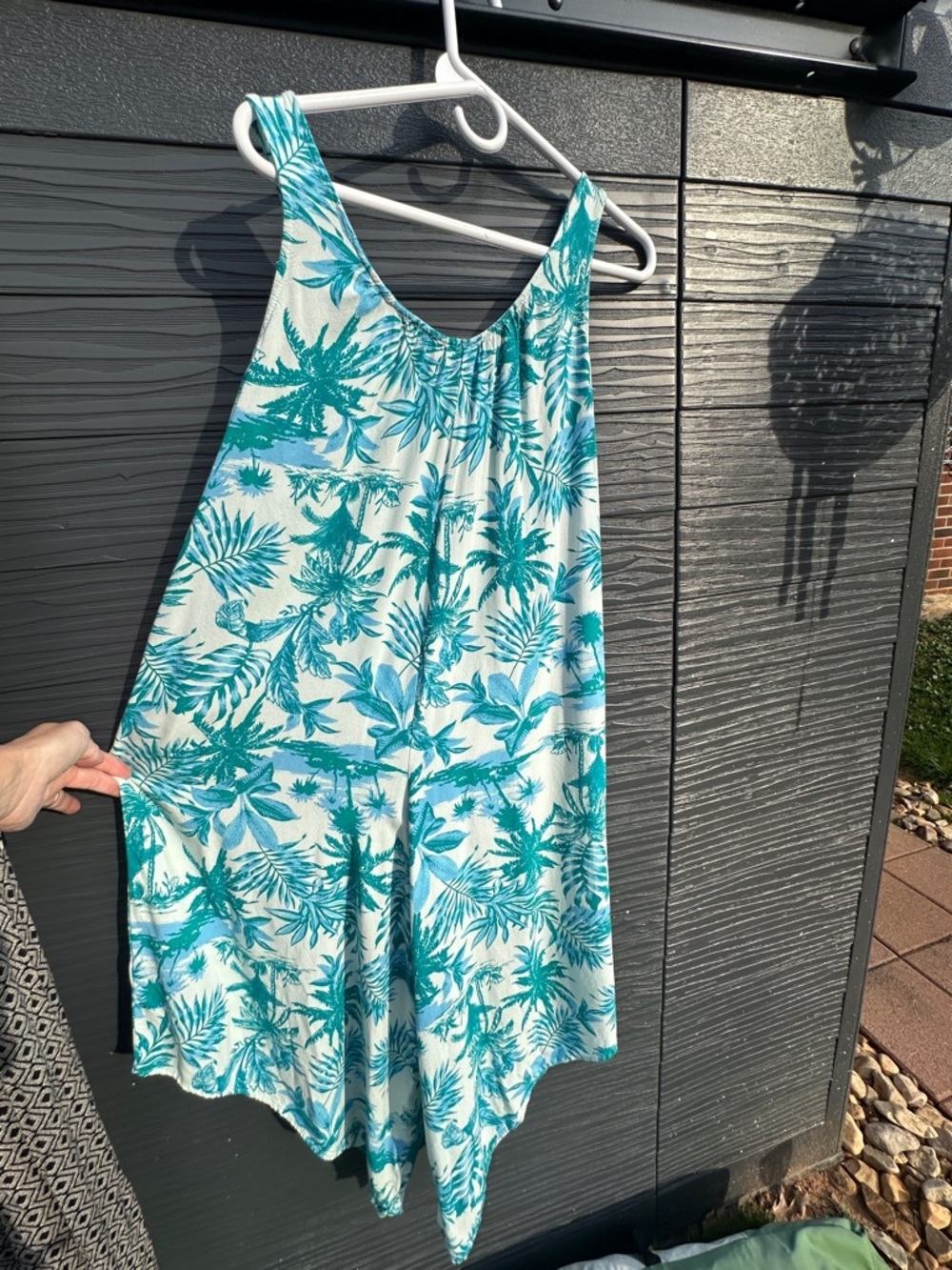 Tropical Palm Print Romper Medium Teal Aqua Sleeveless Flowy - Picture 5 of 6